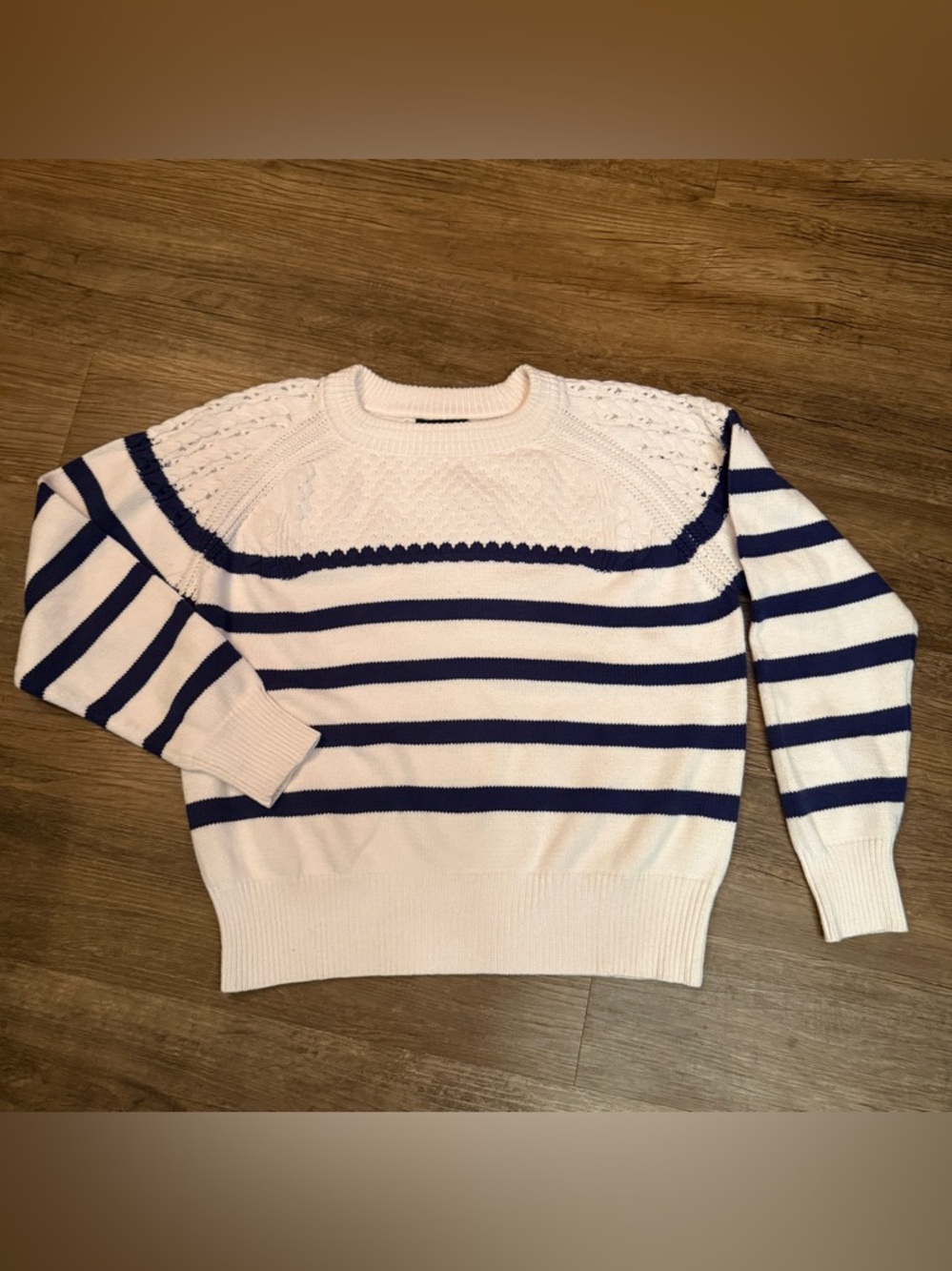 Striped Crewneck Sweater in White and Navy